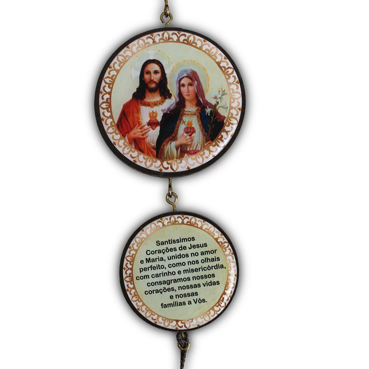 Adorno Triplo Redondo Sagrado Coração de Jesus e Imaculado Coração de Maria em MDF