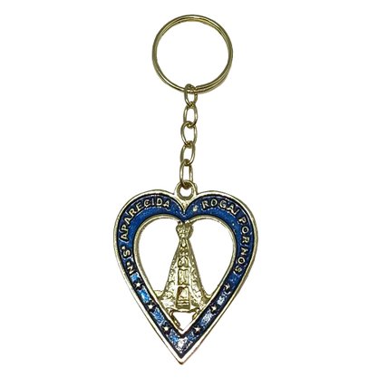 12 unid - Chaveiro de Nossa Senhora Aparecida Coração Azul Dourado