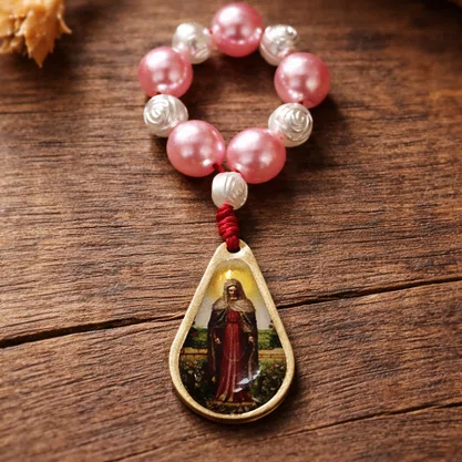 12 unid - Dezena de Dedo Nossa Senhora das Lágrimas e Jesus Manietado Frente e Verso Conta Transparente - 8 mm
