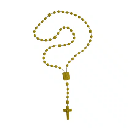 12 Unid - Terço Nylon Amarelo Leitoso Entremeio Sagrado Coração de Jesus e Nossa Senhora Aparecida