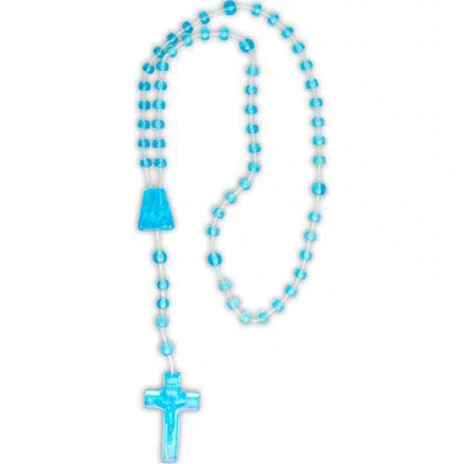 12 Unid - Terço Nylon Azul Claro Translúcido Entremeio Sag Coracao de Jesus e Nossa Senhora Aparecida