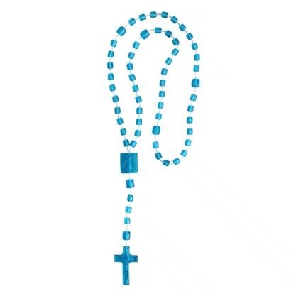 12 Unid - Terço Nylon Azul Claro Translúcido Entremeio Sagrado Coração de Jesus e Nossa Senhora Aparecida