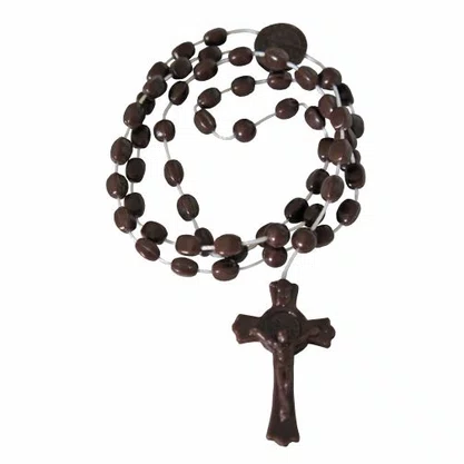12 unid - Terço Nylon Marrom Leitoso Entremeio Sag Coração de Jesus e Nossa Senhora Aparecida  34cm