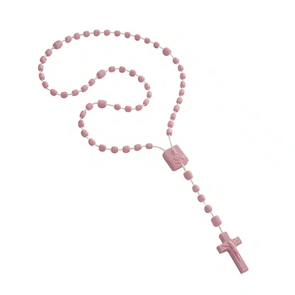 12 Unid - Terço Nylon Rosa Claro Leitoso Entremeio Sagrado Coração de Jesus e Nossa Senhora Aparecida 35cm