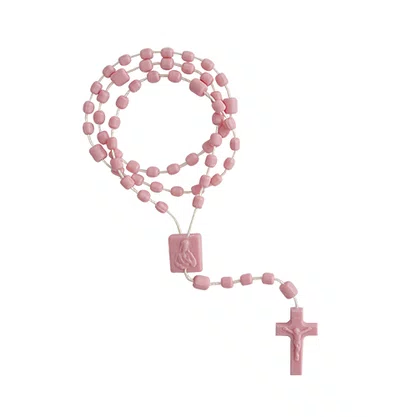 12 Unid - Terço Nylon Rosa Claro Leitoso Entremeio Sagrado Coração de Jesus e Nossa Senhora Aparecida 35cm