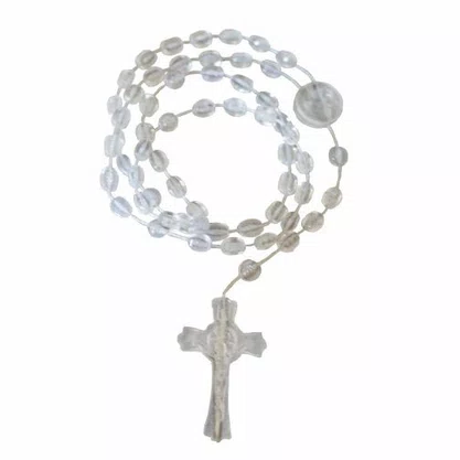 12 Unid - Terço Nylon Transparente Cristal Entremeio Sag Coração de Jesus e Nossa Senhora Aparecida 5 mm