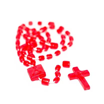 12 unid - Terço Nylon Vermelho Translucido Entremeio Sag Coração de Jesus e Nossa Senhora Aparecida