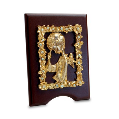 Adorno Batismo Anjo Dourado Metal Madeira - 12 cm