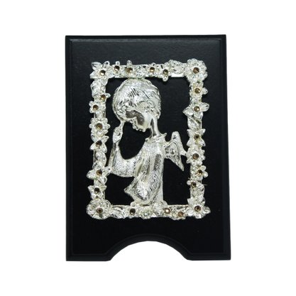 Adorno Batismo Anjo Prata Madeira Mesa 12 cm