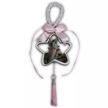 Adorno de Berço Anjo da Guarda Estrela com Fita Rosa 37 cm x 12 cm
