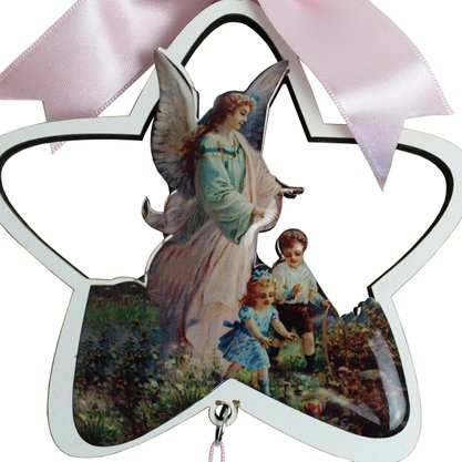 Adorno de Berço Anjo da Guarda Estrela com Fita Rosa 37 cm x 12 cm