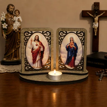 Adorno de Mesa do Sagrado Coração de Jesus e Imaculado Coração de Maria - 14 cm x 20 cm