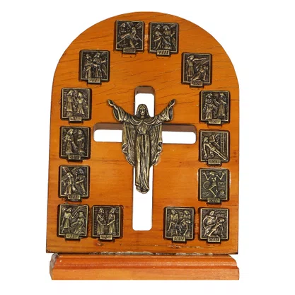Adorno de Mesa Via Sacra e Cristo Ressuscitado Ouro Velho - 23 x 15 cm 