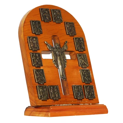 Adorno de Mesa Via Sacra e Cristo Ressuscitado Ouro Velho - 23 x 15 cm 