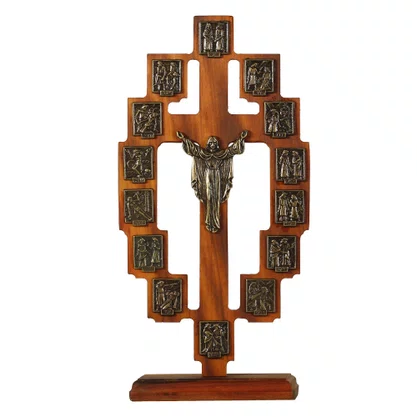 Adorno de Mesa Via Sacra e Cristo Ressuscitado Ouro Velho - 29 x 14 cm 