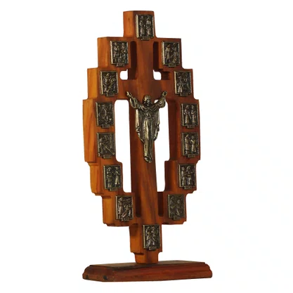 Adorno de Mesa Via Sacra e Cristo Ressuscitado Ouro Velho - 29 x 14 cm 