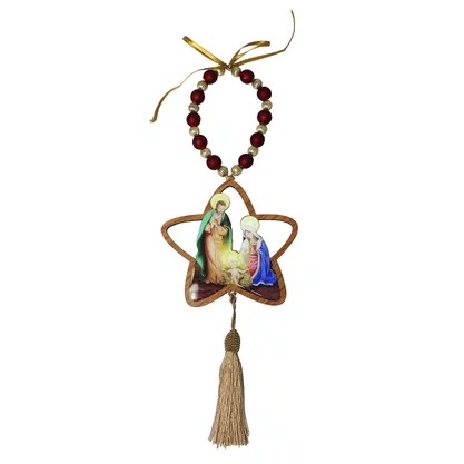 Adorno de Porta Estrela Sagrada Família Contas Dourado e Vermelho - 36 cm x 12 cm