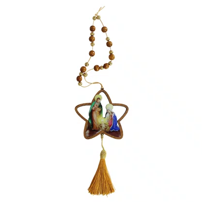Adorno de Porta Estrela Sagrada Família Contas Marrom e Dourado - 36 cm x 12 cm