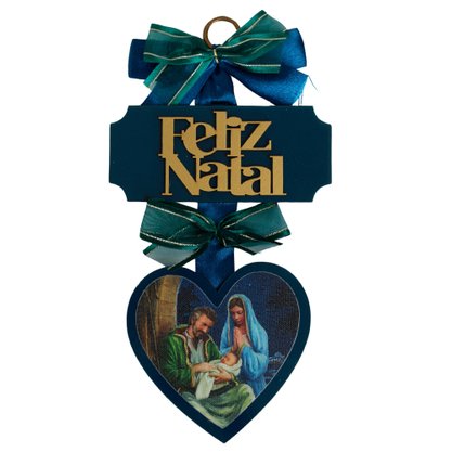 Adorno de Porta Natalino Coração Azul Feliz Natal