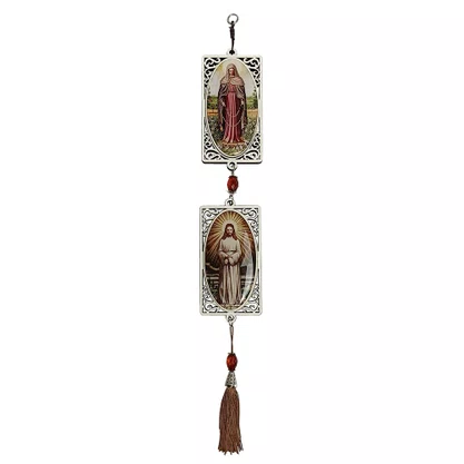 Adorno de Porta Nossa Senhora das Lágrimas e Jesus Manietado Retangular com Pompom Marrom