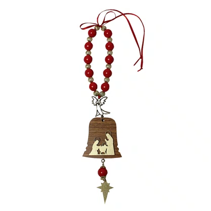 Adorno de Porta Sagrada Família e Anjo Sino Dourado Vermelho - 22 cm x 6,5 cm