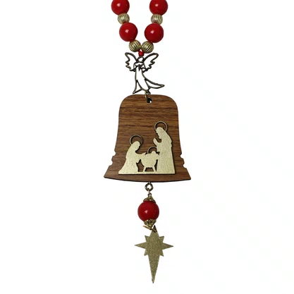 Adorno de Porta Sagrada Família e Anjo Sino Dourado Vermelho - 22 cm x 6,5 cm