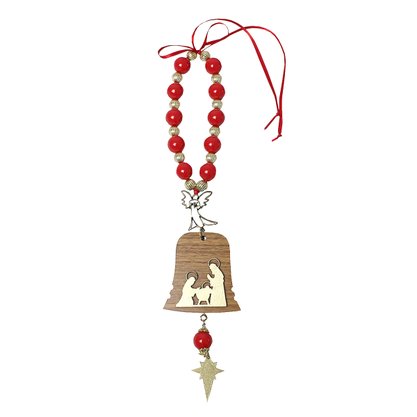 Adorno de Porta Sagrada Família e Anjo Sino Dourado Vermelho - 22 cm x 6,5 cm