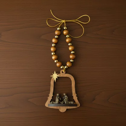 Adorno de Porta Sino Sagrada Família Contas Marrom e Dourado - 21 cm x 9 cm