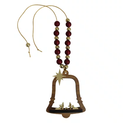 Adorno de Porta Sino Sagrada Família Metal Vermelho Dourado - 22 cm x 8,8 cm