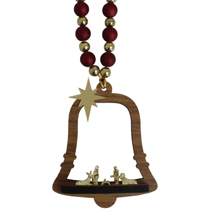 Adorno de Porta Sino Sagrada Família Metal Vermelho Dourado - 22 cm x 8,8 cm