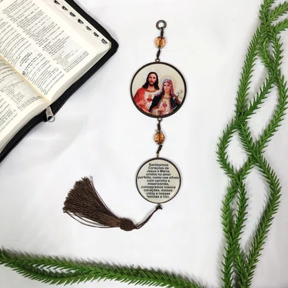 Adorno Duplo Redondo Sagrado Coração de Jesus e Imaculado Coração de Maria em MDF