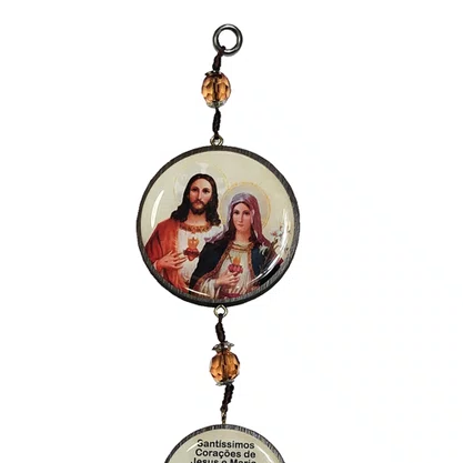 Adorno Duplo Redondo Sagrado Coração de Jesus e Imaculado Coração de Maria em MDF