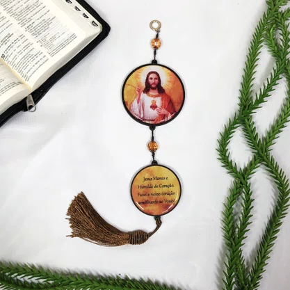 Adorno Duplo Redondo Sagrado Coração de Jesus em MDF