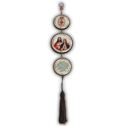 Adorno Redondo de Porta Sagrado Coração de Jesus e Imaculado Coracao de Maria 3 Medalhas 40 cm x 8 cm
