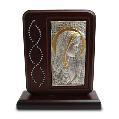 Adorno Virgem Dourado e Prata Madeira Mesa Strass 17 cm
