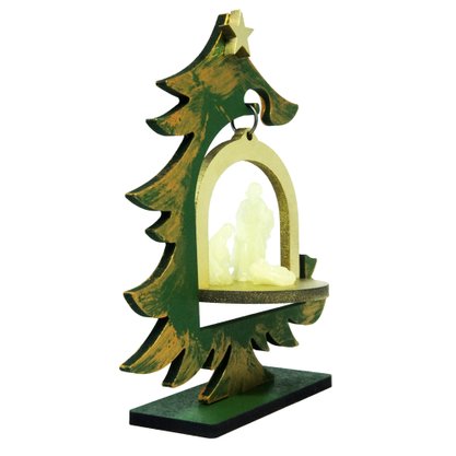 Árvore de Natal em MDF com Sagrada Familia em Resina Fosforescente