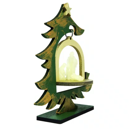 Árvore de Natal em MDF com Sagrada Familia em Resina Fosforescente