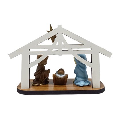 Cabana Natal MDF Com Sagrada Família Infantil de Resina