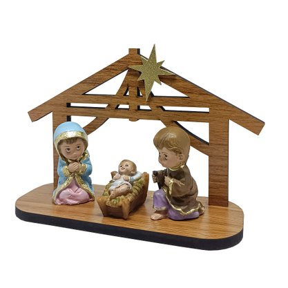 Cabana Natal MDF Com Sagrada Família Infantil de Resina