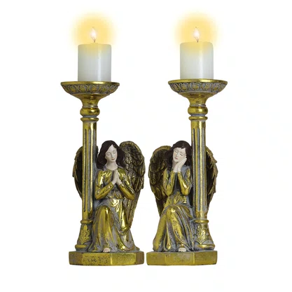 Candelabro 2 Anjos Dourados Rezando - 31 cm