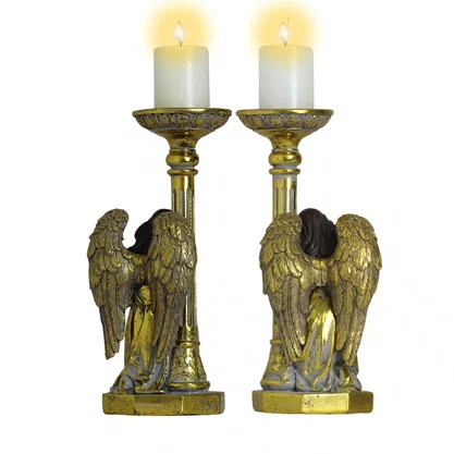 Candelabro 2 Anjos Dourados Rezando - 31 cm