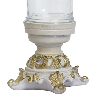 Castiçal em Resina Base Trabalhada Branco e Dourado - 26 cm