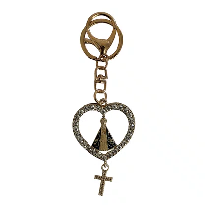 Chaveiro de Nossa Senhora Aparecida Mosquete Coração Dourado Strass