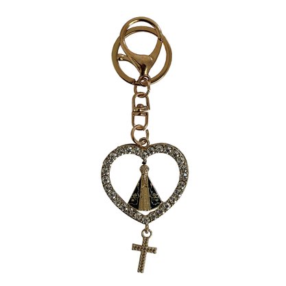 Chaveiro de Nossa Senhora Aparecida Mosquete Coração Dourado Strass