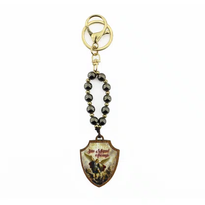Chaveiro de Madeira São Miguel Arcanjo Mosquete Dourado