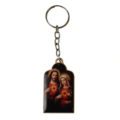 Chaveiro Madeira Contas do Sagrado Coração de Jesus e Imaculado Coração de Maria Contas