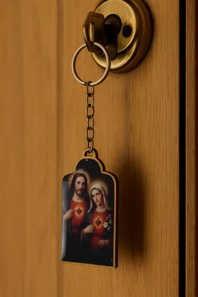 Chaveiro Madeira Contas do Sagrado Coração de Jesus e Imaculado Coração de Maria Contas