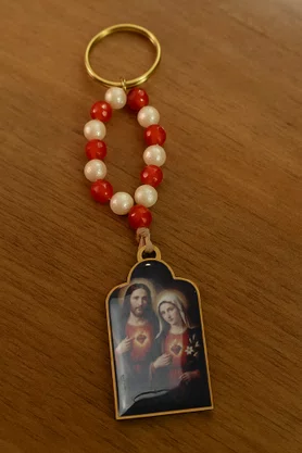 Chaveiro Madeira Contas do Sagrado Coração de Jesus e Imaculado Coração de Maria Contas