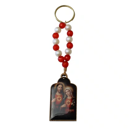 Chaveiro Madeira Corrente do Sagrado Coração de Jesus e Imaculado Coração de Maria