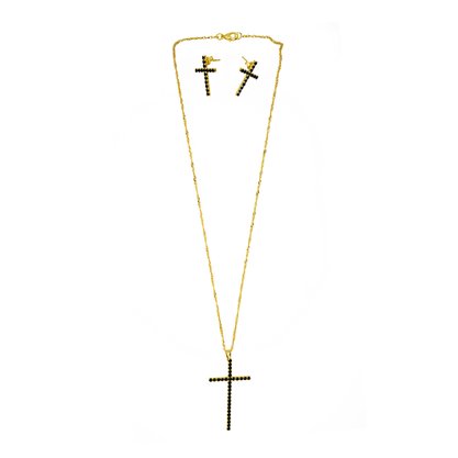 Conjunto Brinco e Pingente Cruz Strass Fina Preto